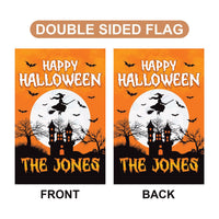 Personalized Happy Halloween Garden Flag, Flying Witch Yard Flag, Haunted Castle Fall Decor, Spooky Family Name Sign, Welcome Outdoor Flag