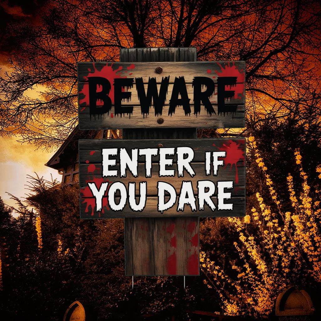 Beware Danger Haunted Keep Out Yard Sign with Stakes, Scary Halloween Lawn Decoration, Spooky Outdoor Haunted House or Walkway Décor