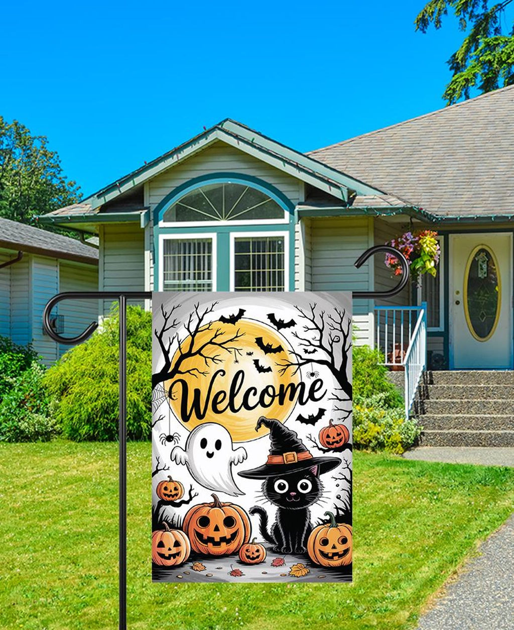 Welcome Halloween Garden Flag, Spooky Black Cat Ghost Pumpkin Yard Flag, Funny Small Fall Outdoor Decor, Holiday Cosplay Party Flag