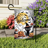 Welcome Halloween Garden Flag, Spooky Black Cat Ghost Pumpkin Yard Flag, Funny Small Fall Outdoor Decor, Holiday Cosplay Party Flag