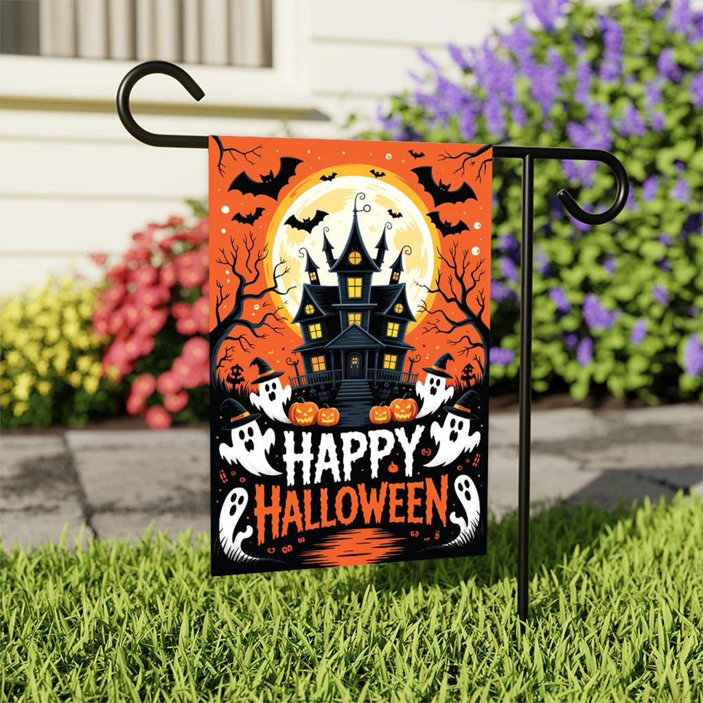 Haunted House Halloween Garden Flag, Ghost Pumpkin Bats Yard Flag, Fall Porch Decoration, Spooky Outdoor Holiday Lawn Welcome Flag