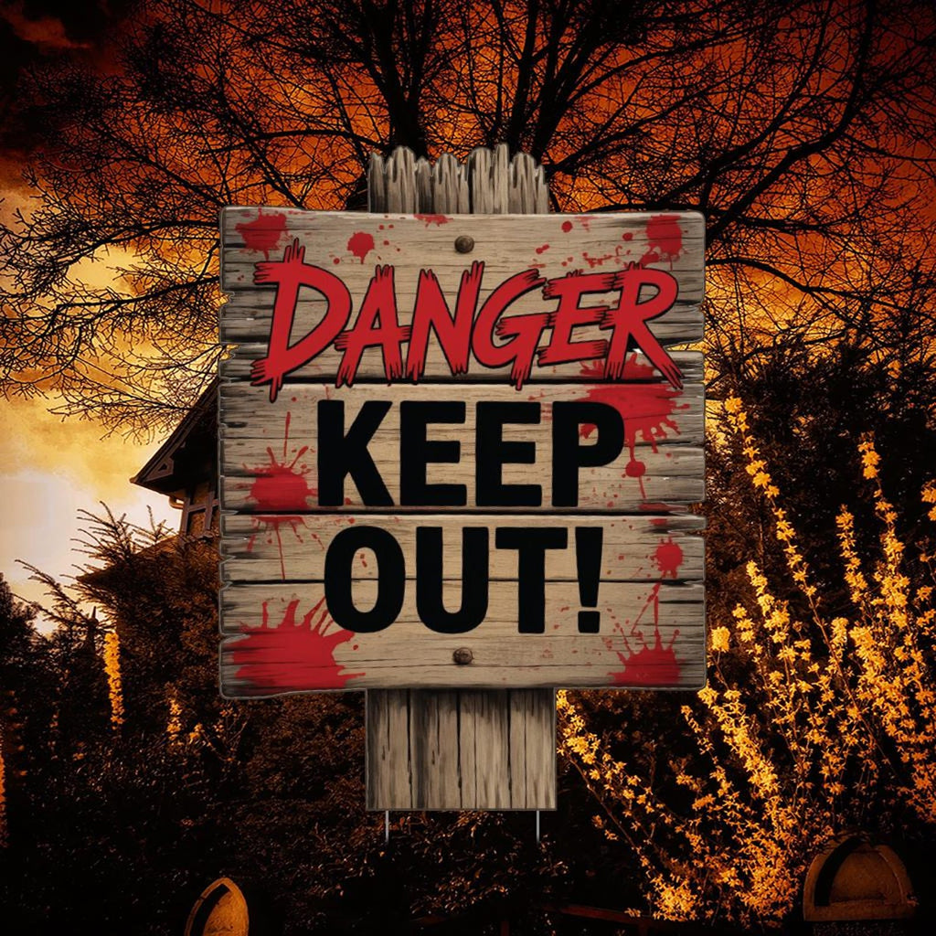 Beware Danger Haunted Keep Out Yard Sign with Stakes, Scary Halloween Lawn Decoration, Spooky Outdoor Haunted House or Walkway Décor