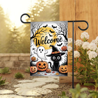Welcome Halloween Garden Flag, Spooky Black Cat Ghost Pumpkin Yard Flag, Funny Small Fall Outdoor Decor, Holiday Cosplay Party Flag