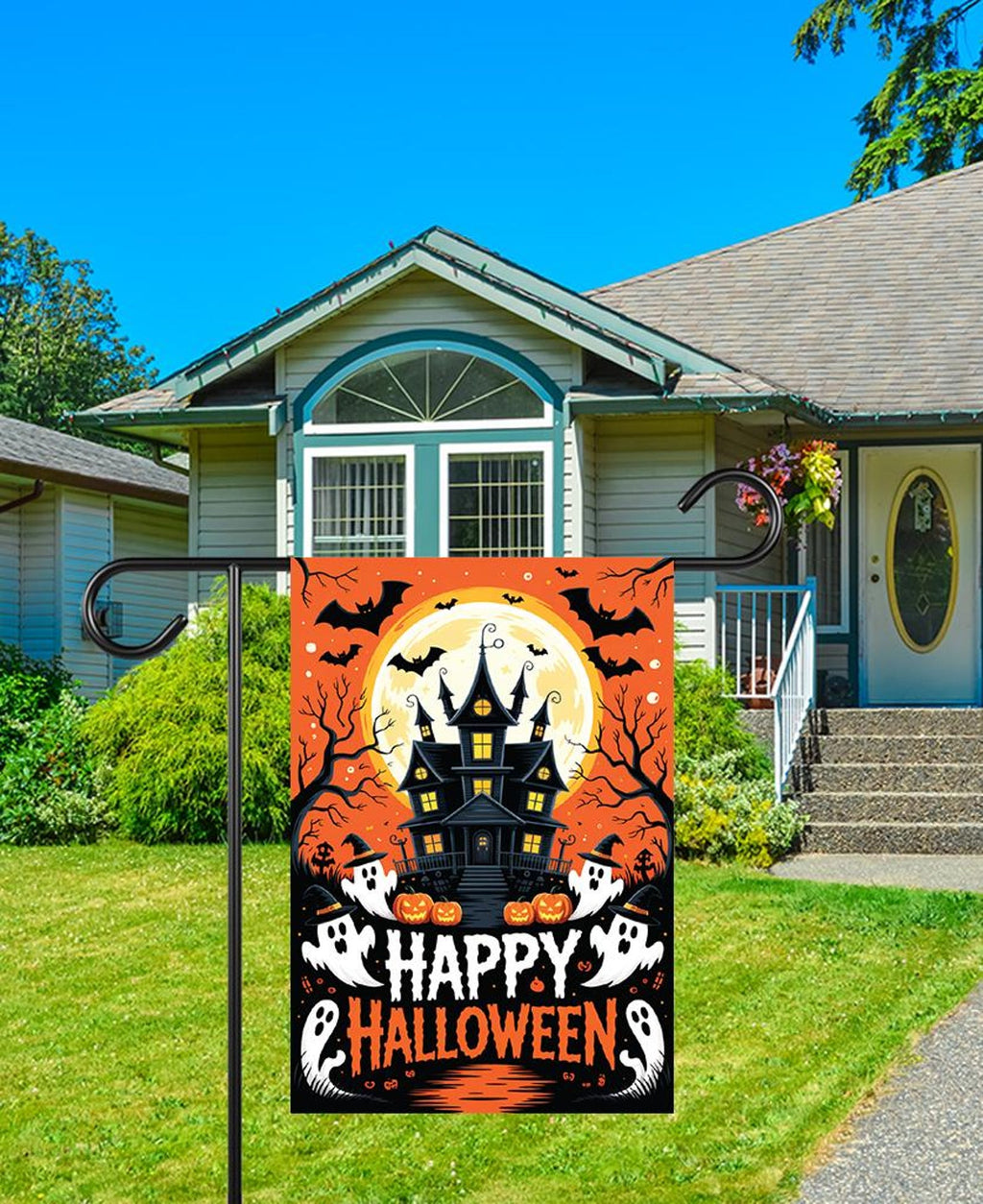 Haunted House Halloween Garden Flag, Ghost Pumpkin Bats Yard Flag, Fall Porch Decoration, Spooky Outdoor Holiday Lawn Welcome Flag