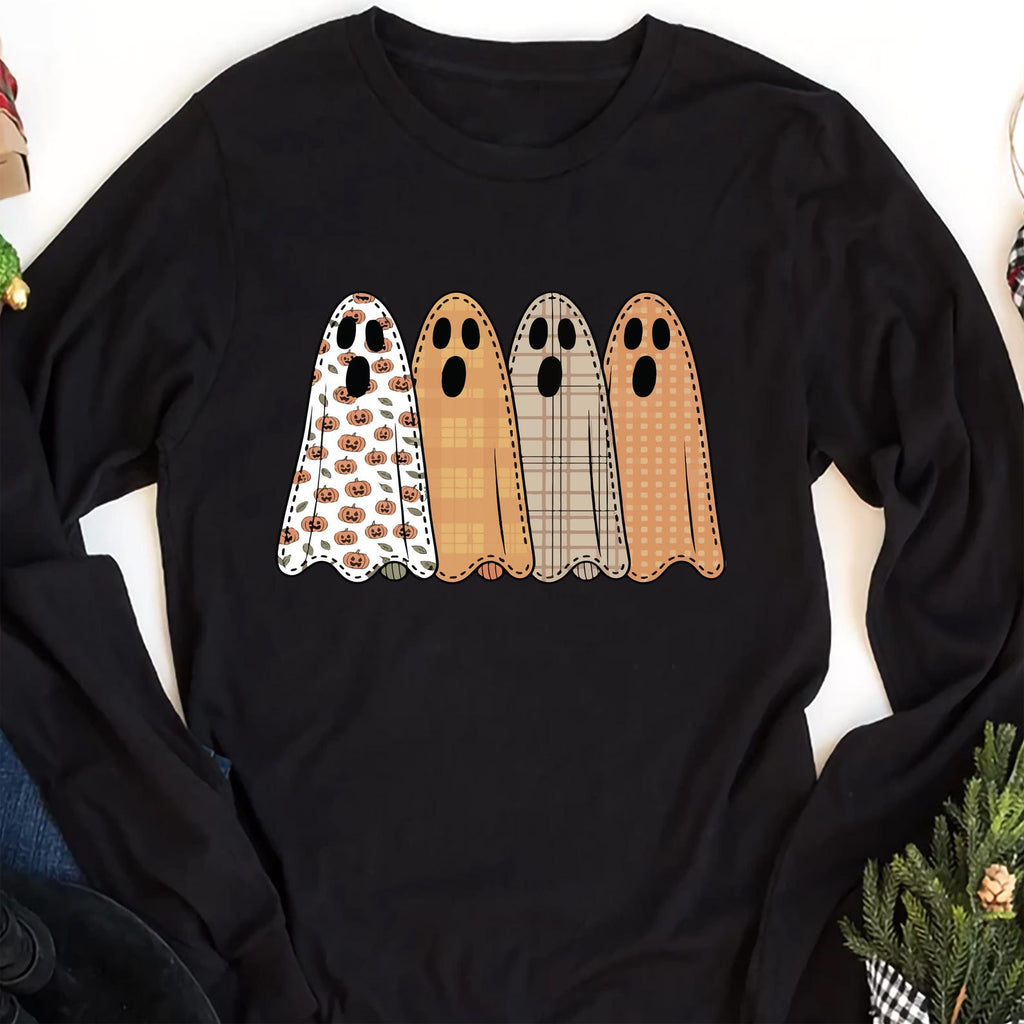 Preppy Floral Ghost Long Sleeve Shirt, Fall Ghost Tee