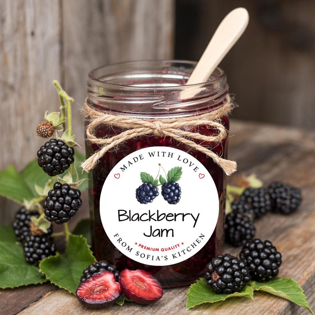 Personalized Blackberry Jam Roll Labels, Custom Blackberry Jam Product Stickers, Business Jam Labels for Jars, Canning, Lid Stickers
