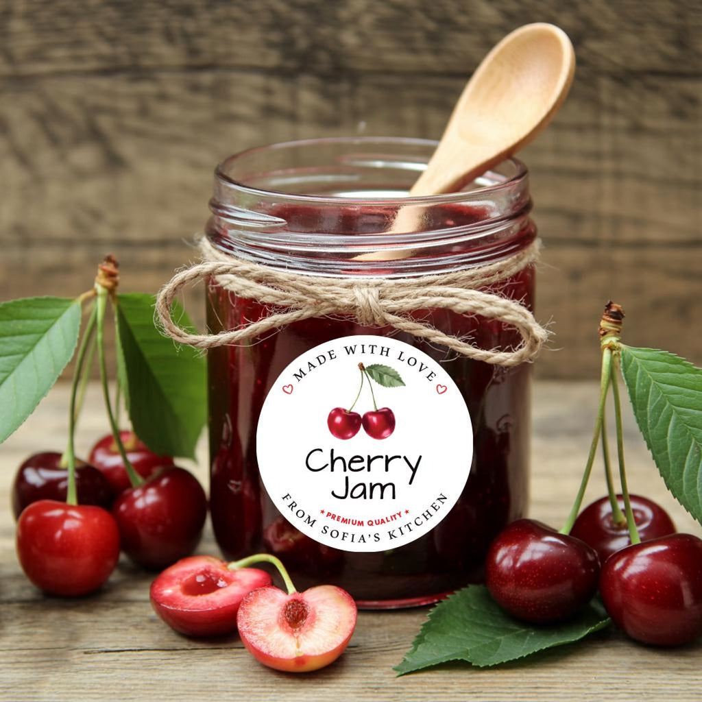 Personalized Cherry Jam Roll Labels, Custom Cherry Jam Product Stickers, Business Cherry Jam Labels for Jars, Canning, Lid Stickers