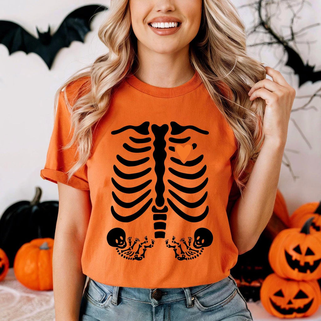 Skeleton Halloween Maternity Shirt, Fall Twin Pregnancy Announcement Tee, Spooky Pregnant Costume Shirt