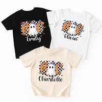 Halloween Girls Outfit Shirt, Personalized Name Halloween Shirt, Cute Fall Kids Tee, Checkered Ghost Shirt, Preppy Girls Halloween Shirt