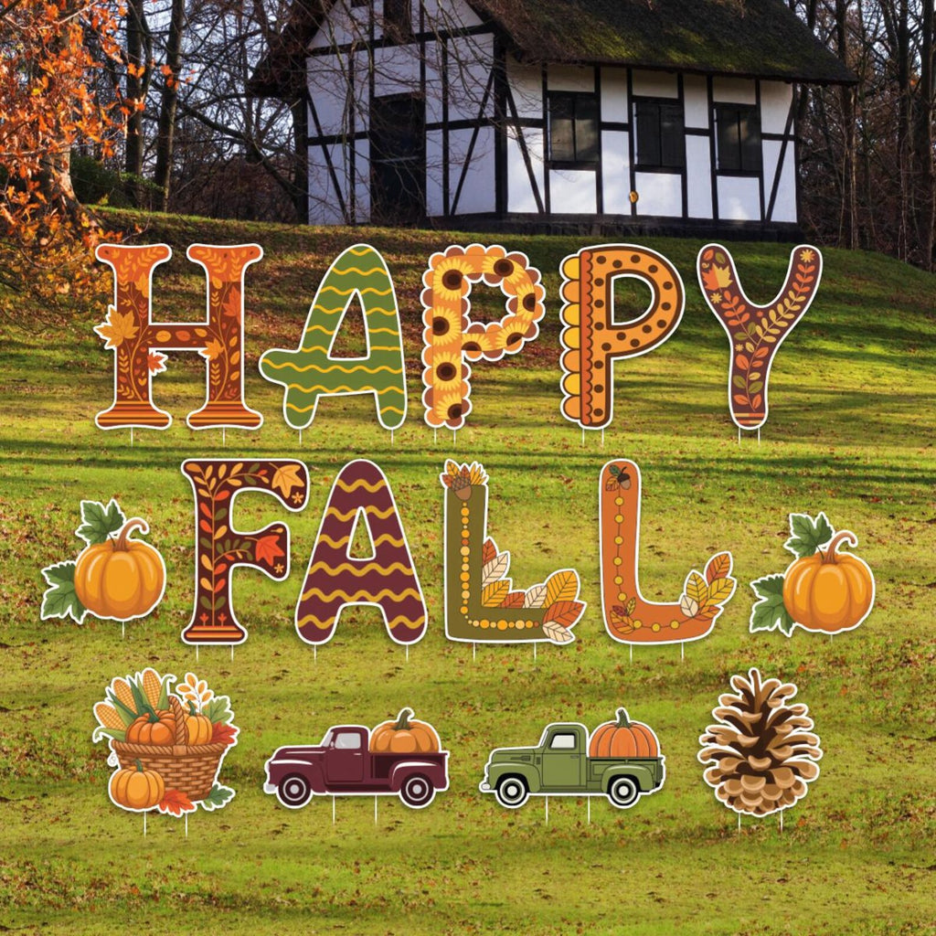 Happy Fall Yard Sign with Metal Stakes, Pumpkin Truck Maple Leaf Pine Cone Lawn Decorations, Autumn Harvest Thanksgiving Outdoor Décor