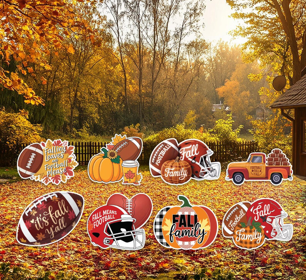 Fall Football Yard Signs with Stakes, Autumn Harvest Pumpkin Lawn Decorations, Thanksgiving Outdoor Garden Patio Sports Party Game Day Décor