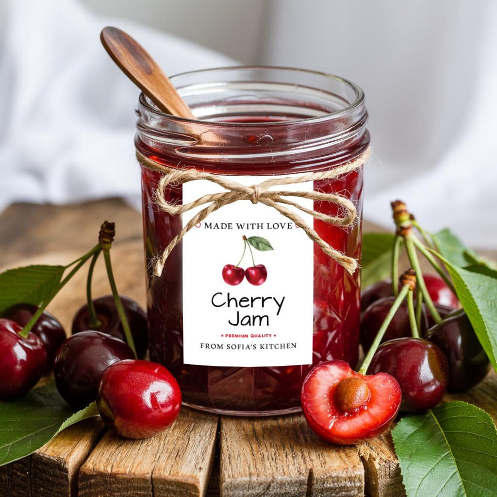 Personalized Cherry Jam Roll Labels, Custom Cherry Jam Product Stickers, Business Cherry Jam Labels for Jars, Canning, Lid Stickers