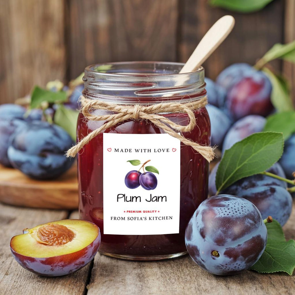 Personalized Plum Jam Roll Labels, Custom Plum Jam Product Stickers, Business Plum Jam Labels for Jars, Plum Jam Canning, Lid Stickers