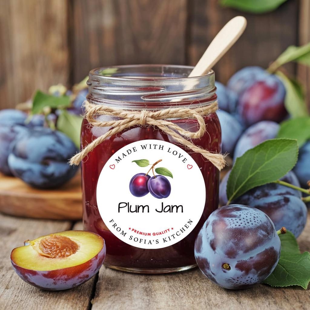 Personalized Plum Jam Roll Labels, Custom Plum Jam Product Stickers, Business Plum Jam Labels for Jars, Plum Jam Canning, Lid Stickers