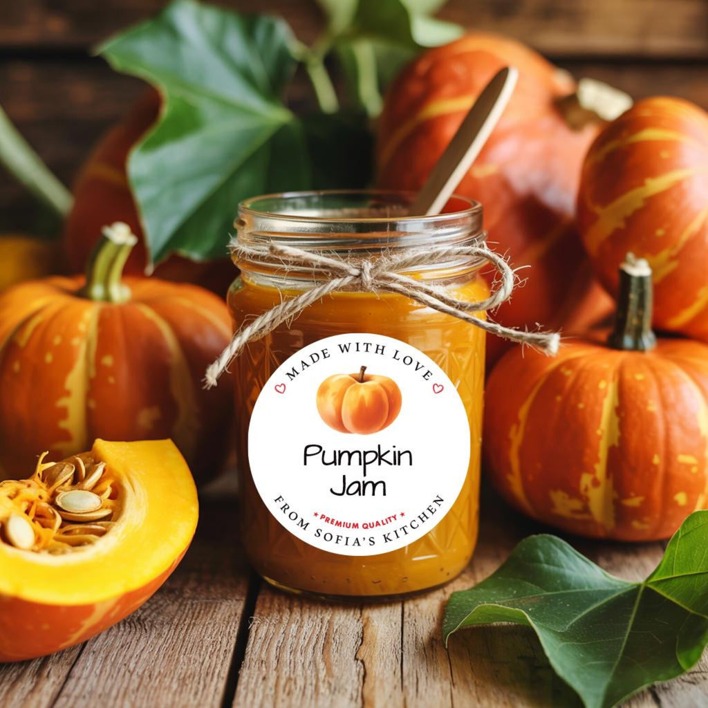 Personalized Pumpkin Jam Roll Labels, Custom Pumpkin Jam Product Stickers, Business Pumpkin Jam Labels for Jars, Canning, Lid Stickers