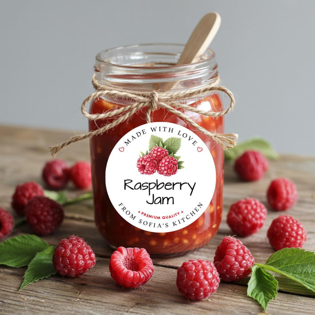 Personalized Raspberry Jam Roll Labels, Custom Raspberry Jam Product Stickers, Business Raspberry Jam Labels for Jars, Canning, Lid Stickers
