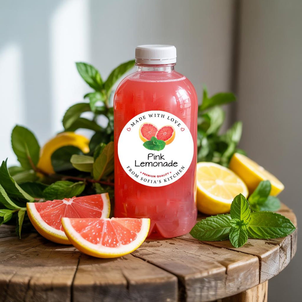 Personalized Pink Lemonade Roll Labels, Custom Pink Lemonade Product Stickers, Business Labels for Bottles & Jars, Canning, Lid Stickers