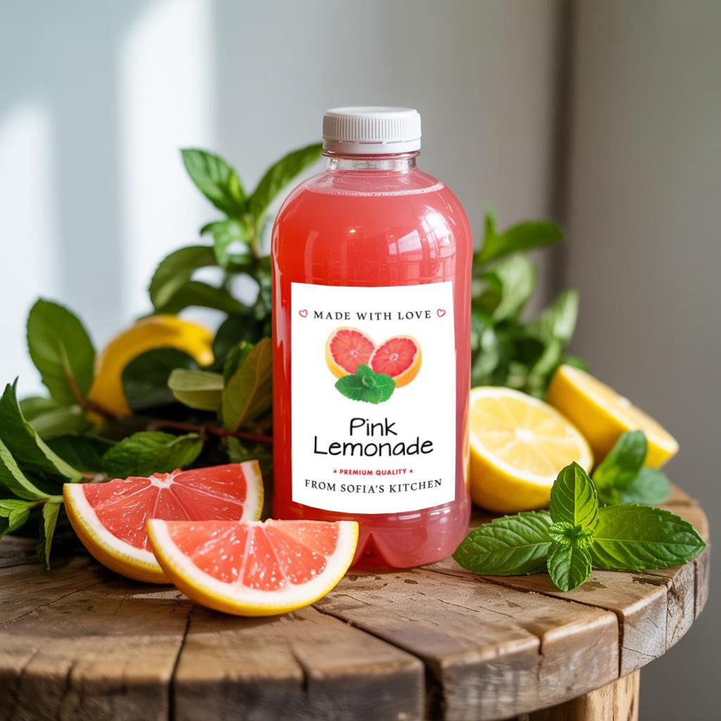Personalized Pink Lemonade Roll Labels, Custom Pink Lemonade Product Stickers, Business Labels for Bottles & Jars, Canning, Lid Stickers