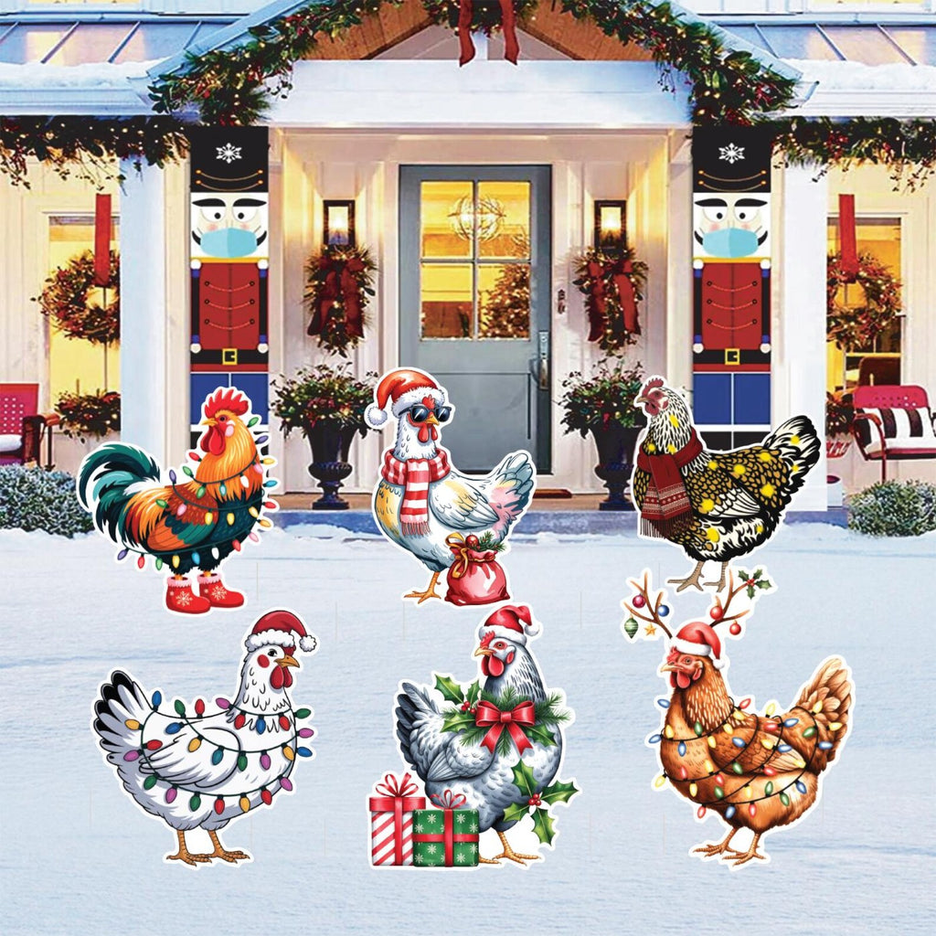 Christmas Chicken Yard Signs, Cute Outdoor Holiday Lawn Decorations with Stakes, Waterproof Xmas Garden Patio Pathway Winter Décor