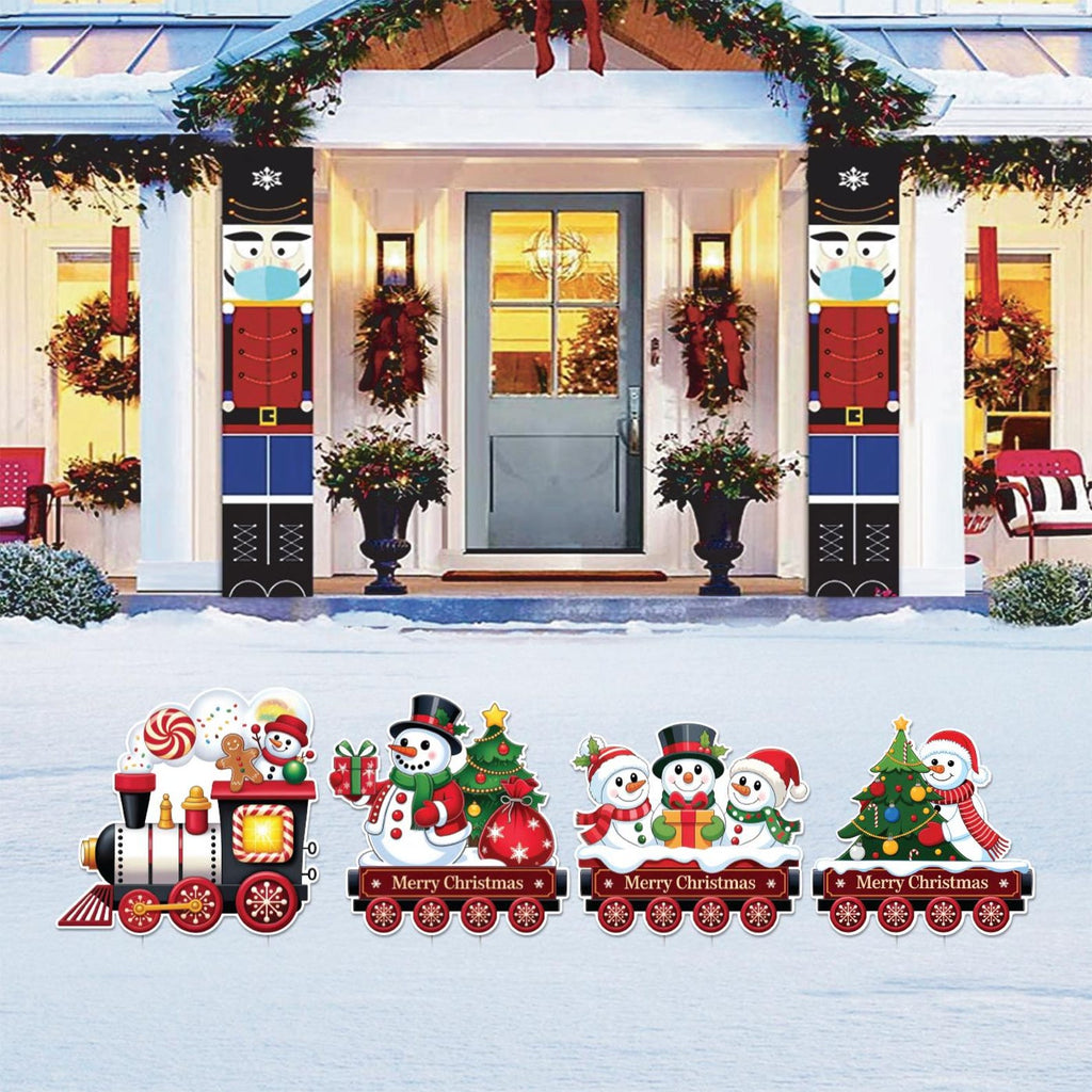 Christmas Train Yard Signs, Outdoor Lawn Decorations with Santa Snowman Gingerbread, Waterproof Holiday Garden Patio Walkway Xmas Décor