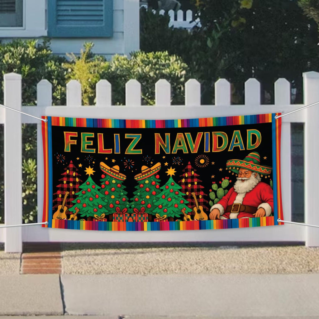 Feliz Navidad Fence Banner, Mexican Christmas Spanish Yard Hanging Sign, Winter Holiday Party Decoration Vinyl Banner with Metal Grommets