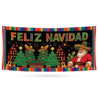 Feliz Navidad Fence Banner, Mexican Christmas Spanish Yard Hanging Sign, Winter Holiday Party Decoration Vinyl Banner with Metal Grommets