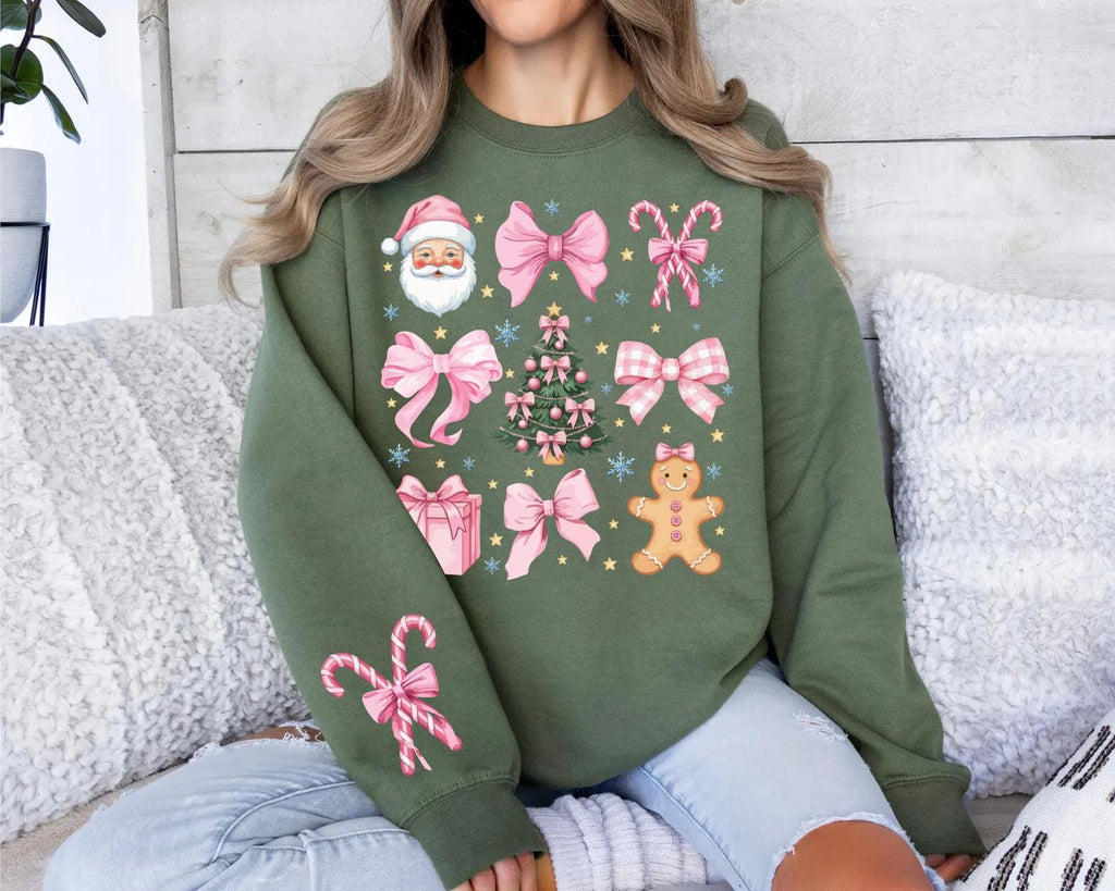 Coquette Christmas Sweatshirt, Candy Cane Pink Bows Shirt, Santa Christmas Tree Sweatshirt