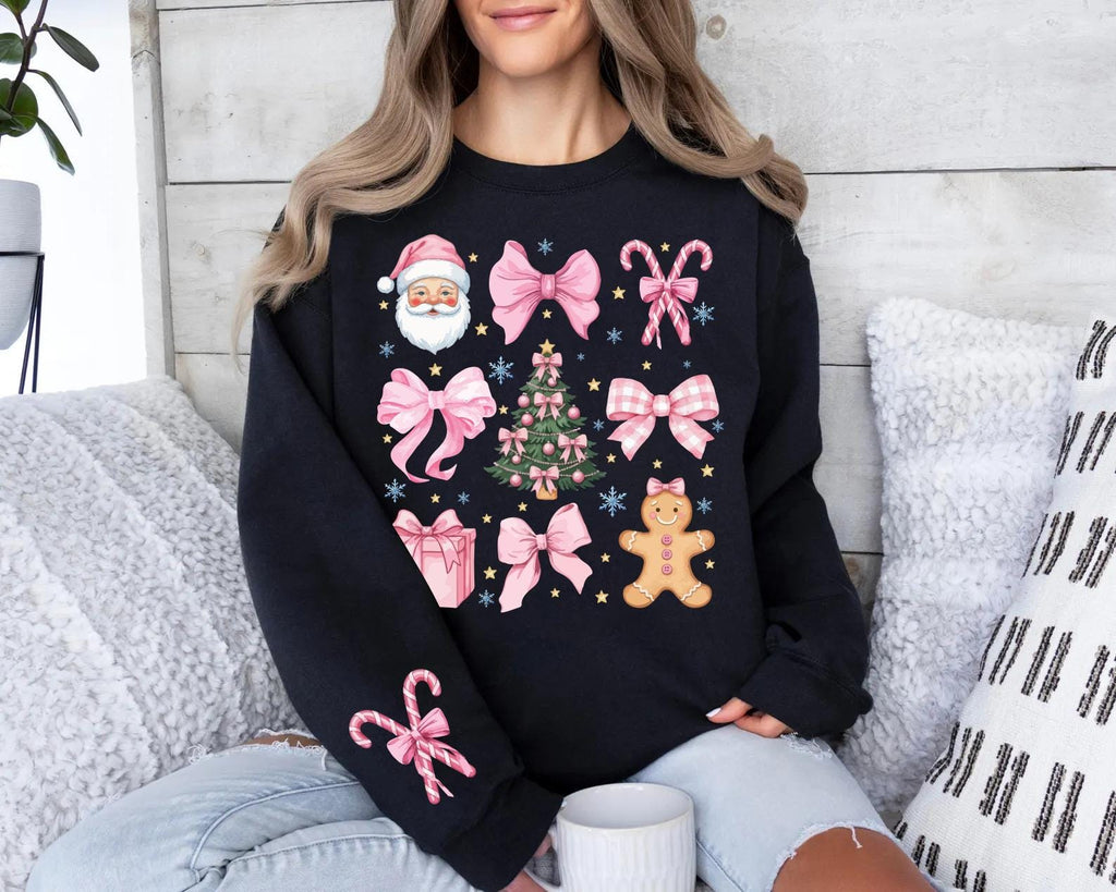 Coquette Christmas Sweatshirt, Candy Cane Pink Bows Shirt, Santa Christmas Tree Sweatshirt