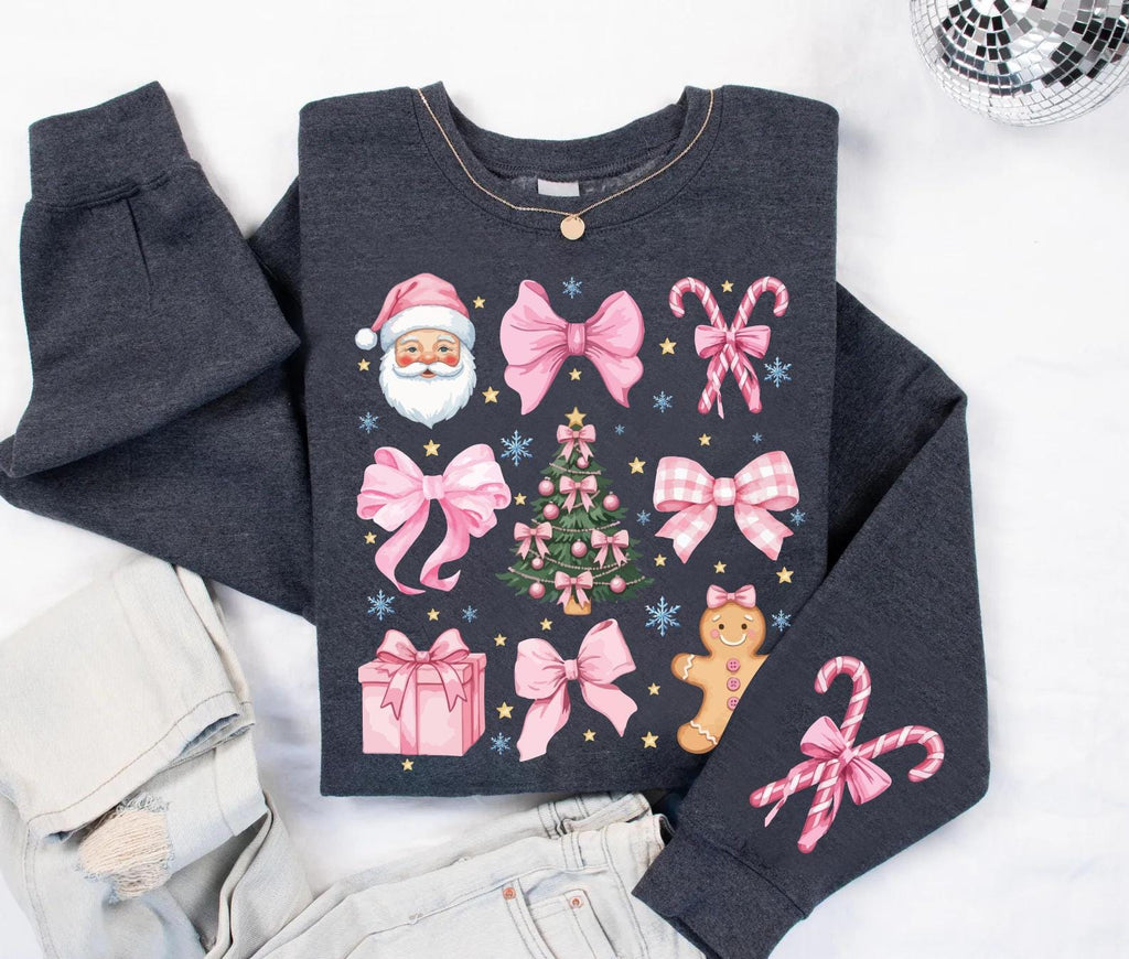 Coquette Christmas Sweatshirt, Candy Cane Pink Bows Shirt, Santa Christmas Tree Sweatshirt