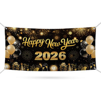 Happy New Year 2026 Banner Sign - New Year’s Eve Party, Holiday Welcome New Year Vinyl Banner with Metal Grommets