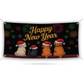 Happy New Year 2026 Banner Sign - Fireworks Cat Dog New Year’s Eve Party, Holiday Welcome New Year Vinyl Banner with Metal Grommets