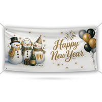 Happy New Year 2026 Banner Sign - Fireworks Winter Snowman New Year’s Eve Party, Holiday Welcome New Year Vinyl Banner with Metal Grommets
