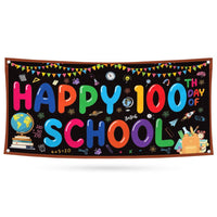 Happy 100th Day of School Banner Sign - 100 Days of School Banner Outdoor, Preschool 100 Day Decor for Classroom Banner with Metal Grommets