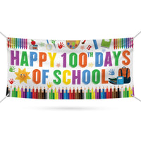 Happy 100th Day of School Banner Sign - 100 Days of School Banner Outdoor, Preschool 100 Day Decor for Classroom Banner with Metal Grommets