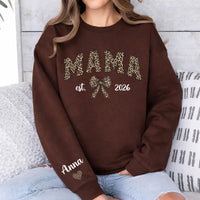 Custom Leopard Mama Sweatshirt, Personalized Mom Shirt, Kid Name Sweatshirt, Front Sleeve