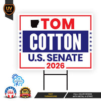 Tom Cotton For Arkansas Senate 2026 Yard Sign, Corrugated Plastic Senate Elections Race Red White & Blue Yard Sign with Metal H-Stake