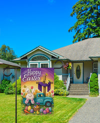 Happy Easter Bunny Truck Garden Flag, Cross and Tulips Yard Decor, Farm Fresh Eggs Outdoor Decoration, Christian Easter Sign, Spring Flag