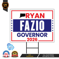 Ryan Fazio For Connecticut Governor 2026 Yard Sign, Corrugated Plastic Governor Elections Race Red White & Blue Yard Sign with Metal H-Stake