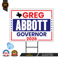 Greg Abbott For Texas Governor 2026 Yard Sign, Corrugated Plastic Governor Elections Race Red White & Blue Yard Sign with Metal H-Stake