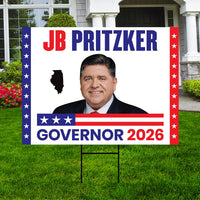 JB Pritzker For Illinois Governor 2026 Yard Sign, Corrugated Plastic Governor Elections Race Red White & Blue Yard Sign with Metal H-Stake
