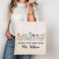 Helping Little Minds Grow Tote Bag, Personalized Teacher Tote Bag, Custom Name Teacher Gift, Teacher Appreciation Gift, Floral Teacher Bag