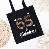 65 & Fabulous Tote Bag, Birthday Tote Bag, 65th Birthday Gift for Her, Leopard Print Birthday Bag, Milestone Birthday Gift, Party Gift Tote