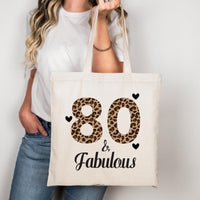 80 & Fabulous Tote Bag, Birthday Tote Bag, 80th Birthday Gift for Her, Leopard Print Birthday Bag, Milestone Birthday Gift, Party Gift Tote