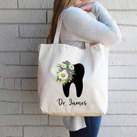 Personalized Dentist Tote Bag, Custom Name Dental Tote Bag, Dentist Gift Idea, Dental Hygienist Gift, Tooth Floral Design Tote Bag