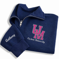 Personalized College Embroidered Quarter Zip Sweatshirt, Custom University Logo Pullover, Graduation Gift College Student Apparel