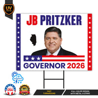 JB Pritzker For Illinois Governor 2026 Yard Sign, Corrugated Plastic Governor Elections Race Red White & Blue Yard Sign with Metal H-Stake