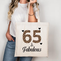 65 & Fabulous Tote Bag, Birthday Tote Bag, 65th Birthday Gift for Her, Leopard Print Birthday Bag, Milestone Birthday Gift, Party Gift Tote