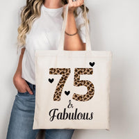 75 & Fabulous Tote Bag, Birthday Tote Bag, 75th Birthday Gift for Her, Leopard Print Birthday Bag, Milestone Birthday Gift, Party Gift Tote