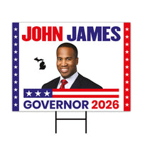 John James For Michigan Governor 2026 Yard Sign, Corrugated Plastic Governor Elections Race Red White & Blue Yard Sign with Metal H-Stake