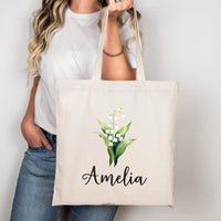 Personalized Birth Flower Tote Bag, Custom Name Floral Tote Bag, Birthday Month Flower, Birth Flower Gift for Her, Aesthetic Floral Tote